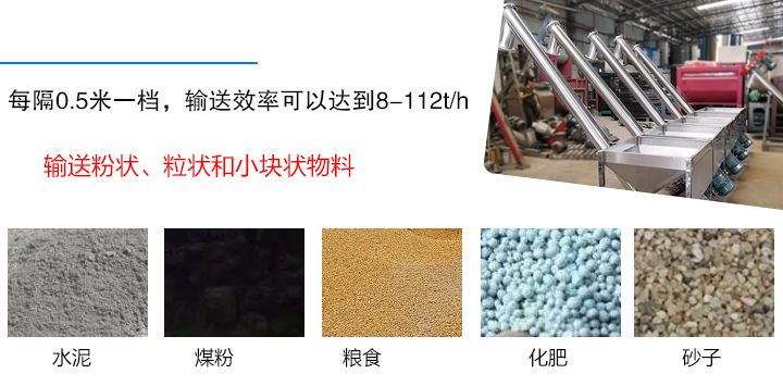 输送粉状、粒状和小块状物料，如水泥、煤粉、粮食、化肥、灰渣、砂子等